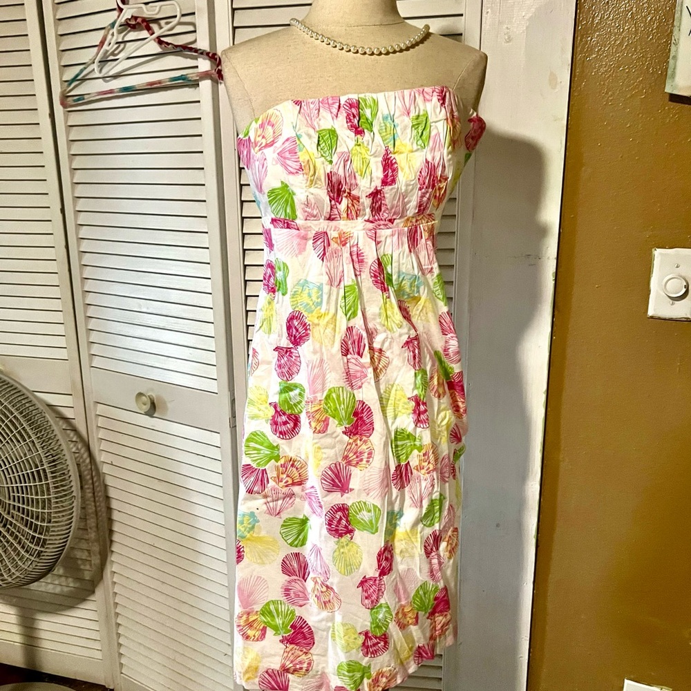 Strapless Tropical Shell Print Sundress - Pink, Green, Yellow